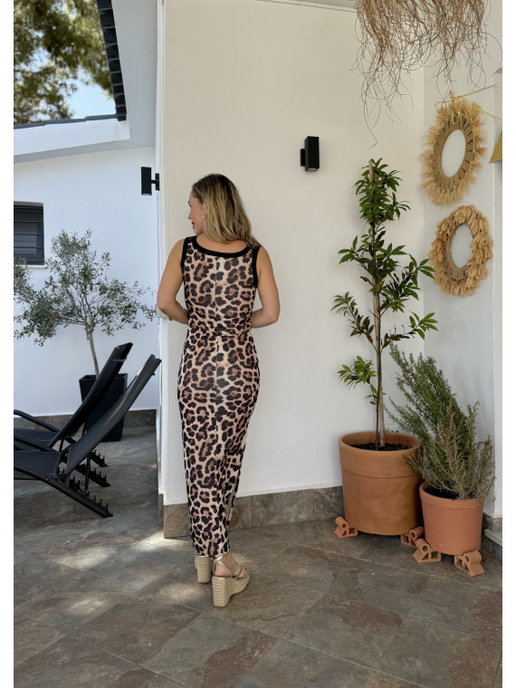 Vestido de tirantes en punto de canalé con estampado animal print.