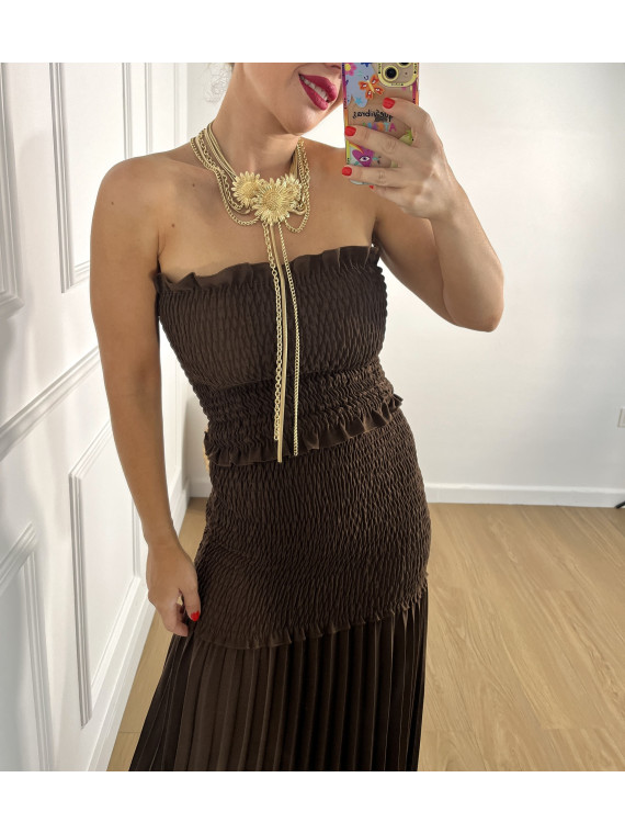 Collar metálico dorado con adorno de cadenas y girasoles.