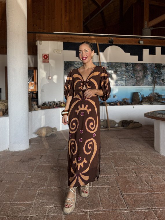 Vestido étnico color Marrón chocolate con estampado estilo africano. Vestido étnico color Marrón chocolate con estampado estilo africano.