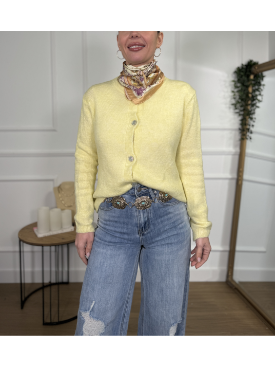 Rebeca de punto en tono amarillo pastel.