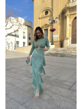 Vestido largo con flecos en color verde agua.