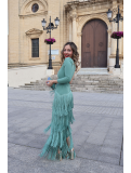 Vestido largo con flecos en color verde agua.
