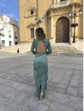 Vestido largo con flecos en color verde agua.