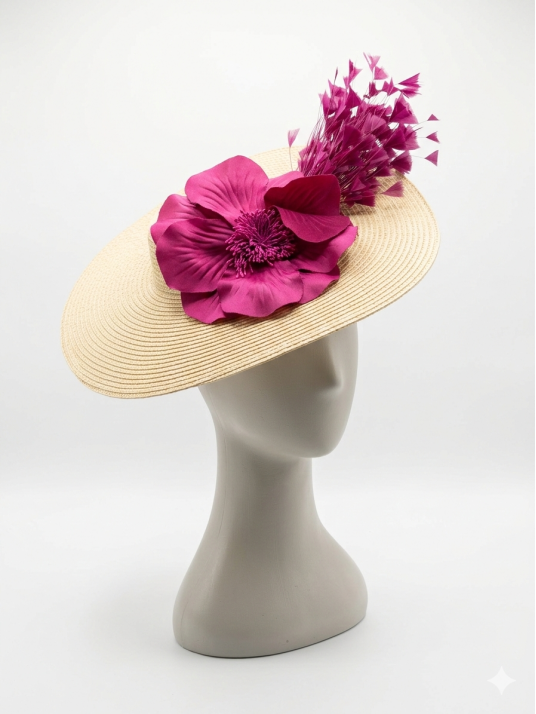 Pamela beige con flores y plumas en color buganvilla.