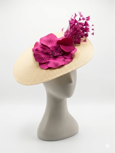 Pamela beige con flores y plumas en color buganvilla.