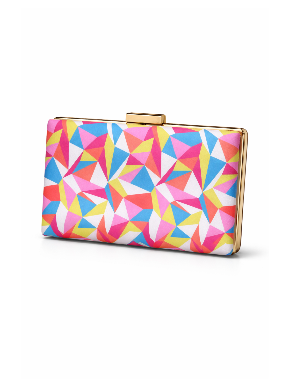 Bolso tipo clutch con diseño geométrico multicolor.