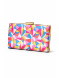 Bolso tipo clutch con diseño geométrico multicolor.