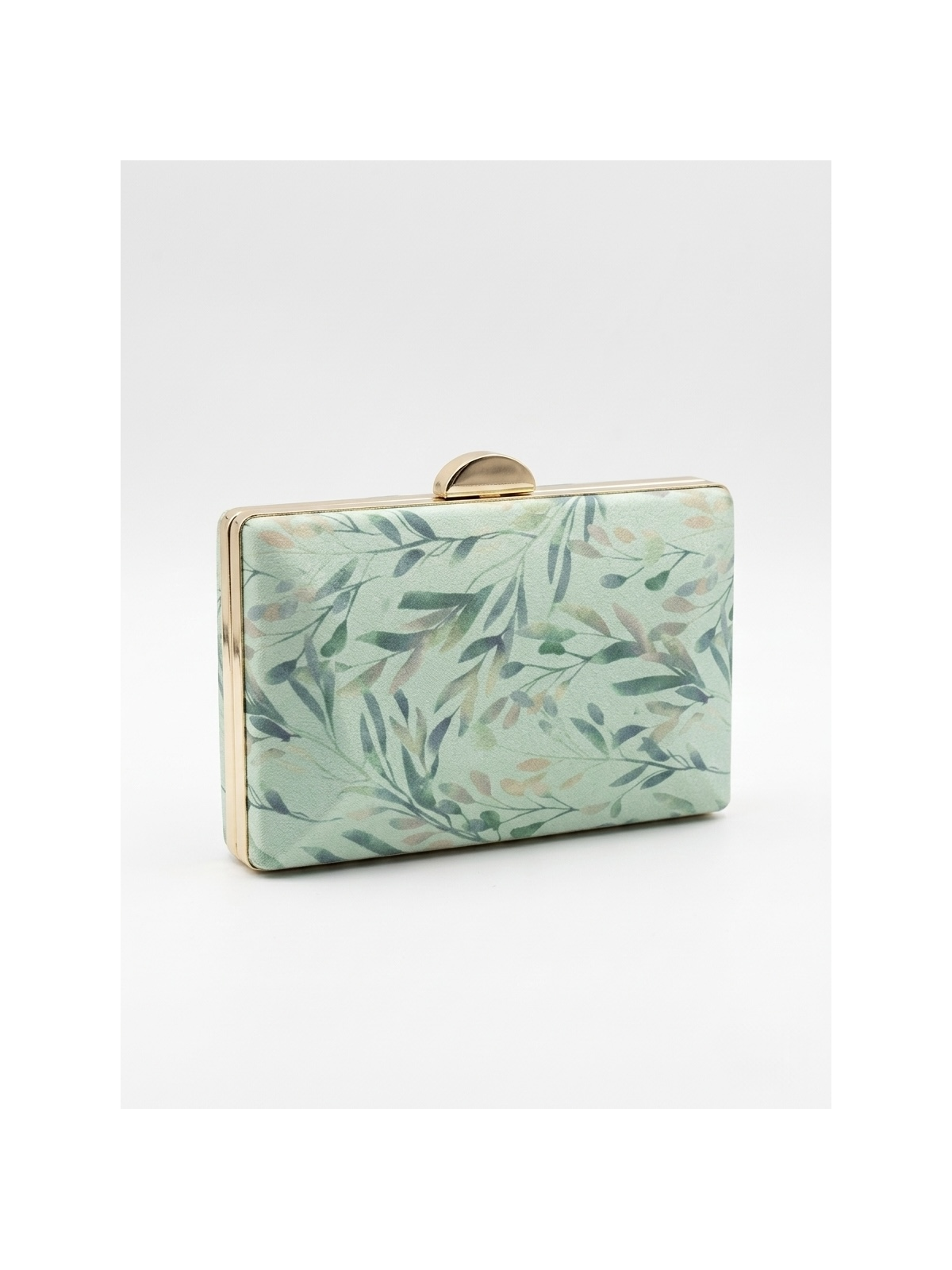 Bolso tipo clutch con diseño floral en tonos verde agua y pasteles.