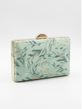 Bolso tipo clutch con diseño floral en tonos verde agua y pasteles.
