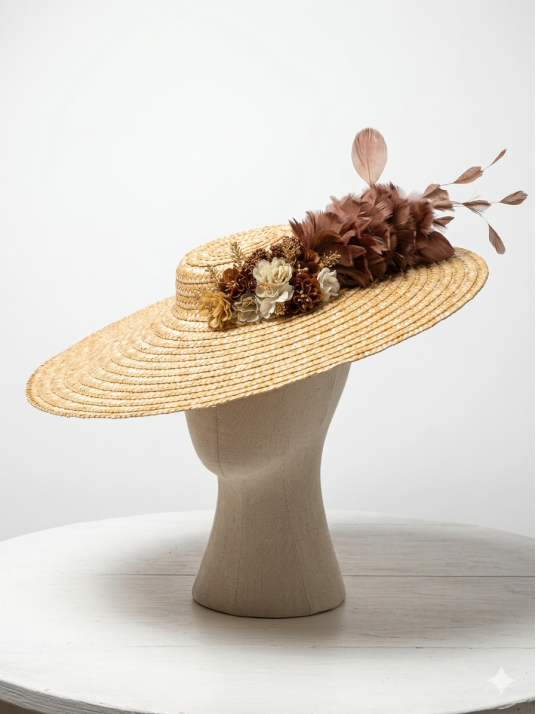 Pamela con base de rafia natural, flores y plumas en tonos marrones.