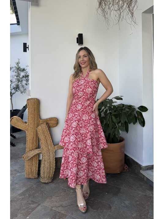 Vestido en algodón con estampado floral en contraste.