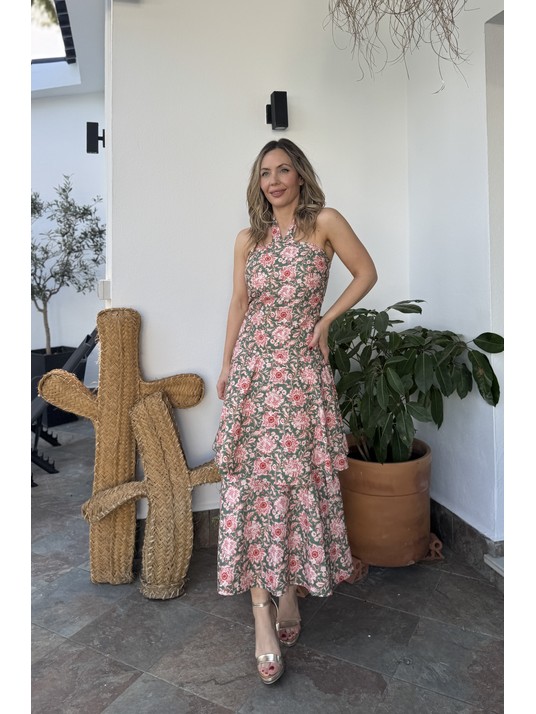 Vestido en algodón con estampado floral en contraste.